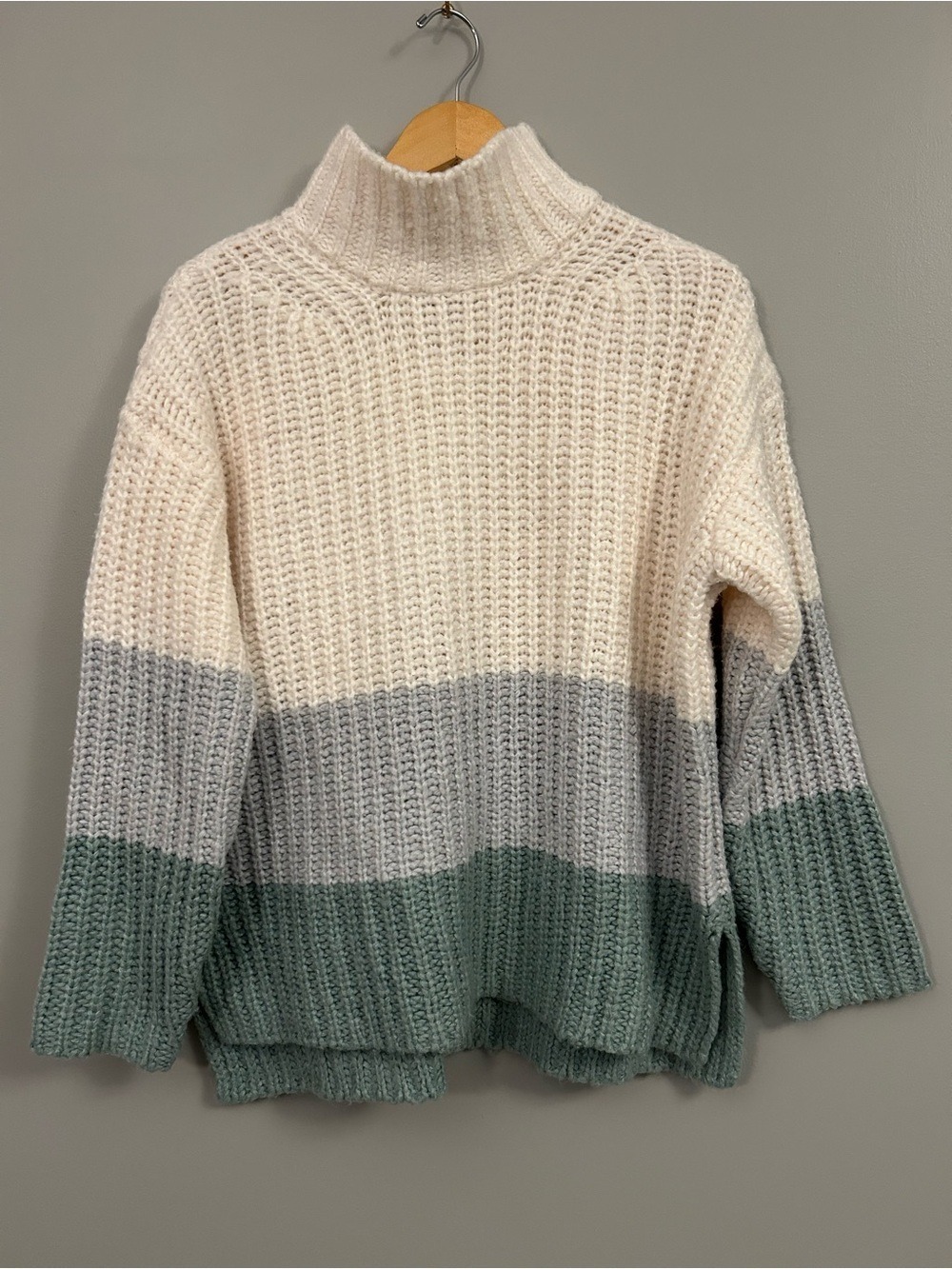 Ann Taylor Colorblock Turtleneck Sweater - Cream, Blue & Sage Medium